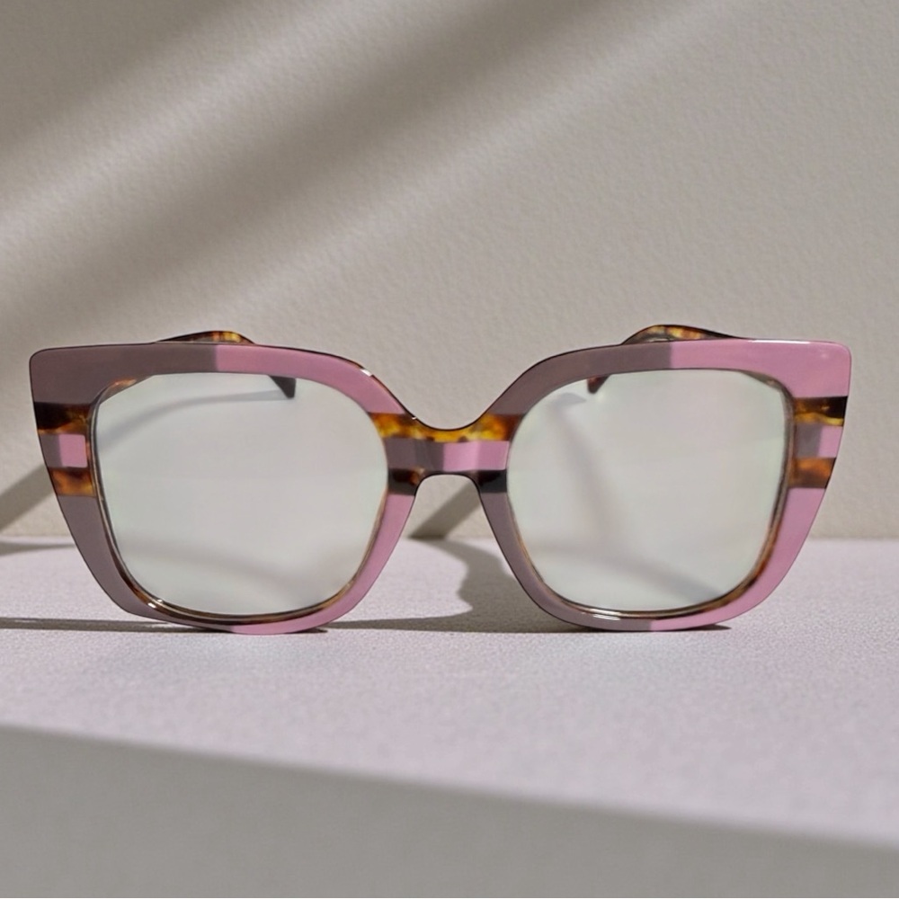 Oversized Square Cat-Eye Fashion Glasses Pink/Mauve Tortoise Stripe - Picture 5 of 16